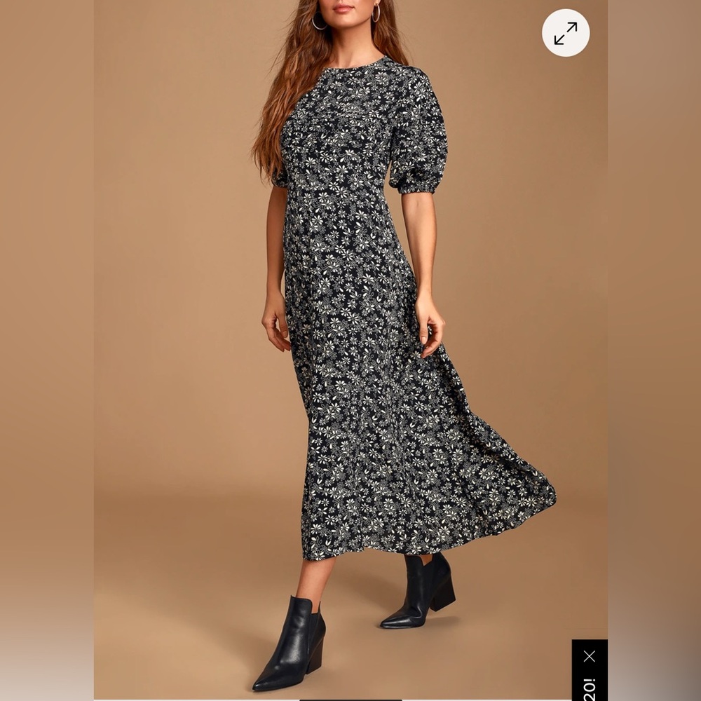 Free People Jessie Black Floral Print Puff Sleeve Midi Dress. Size 12 - Picture 3 of 11